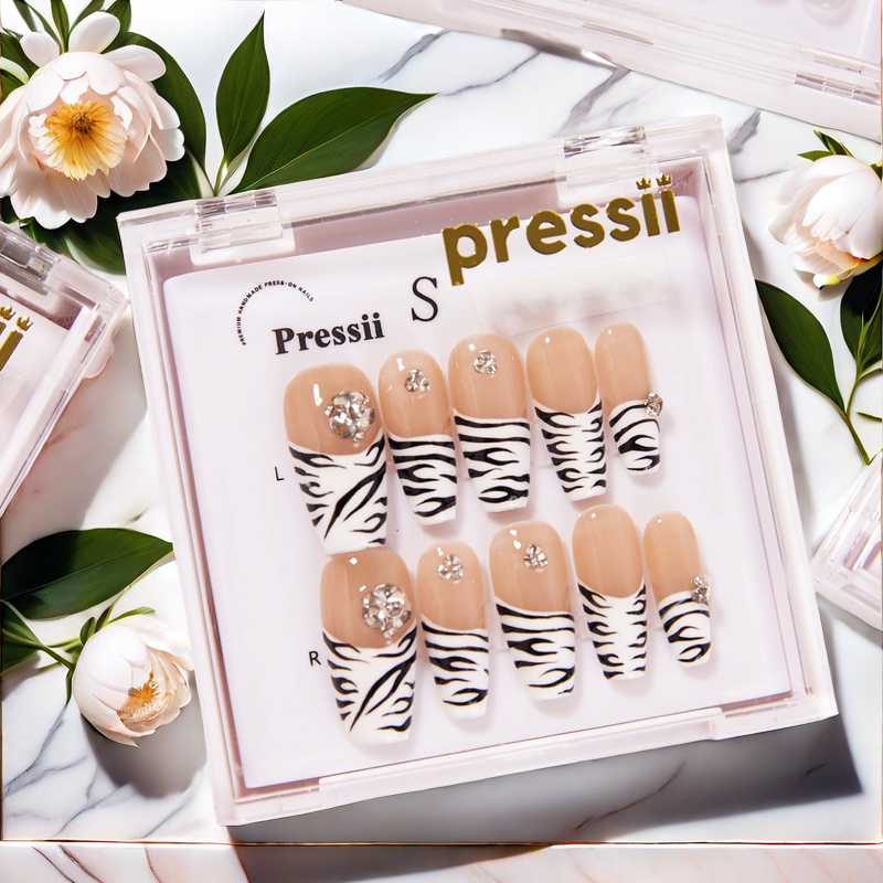 Pressii 68 Zebra Tips Press-on Nails Handmade Reusable Nail