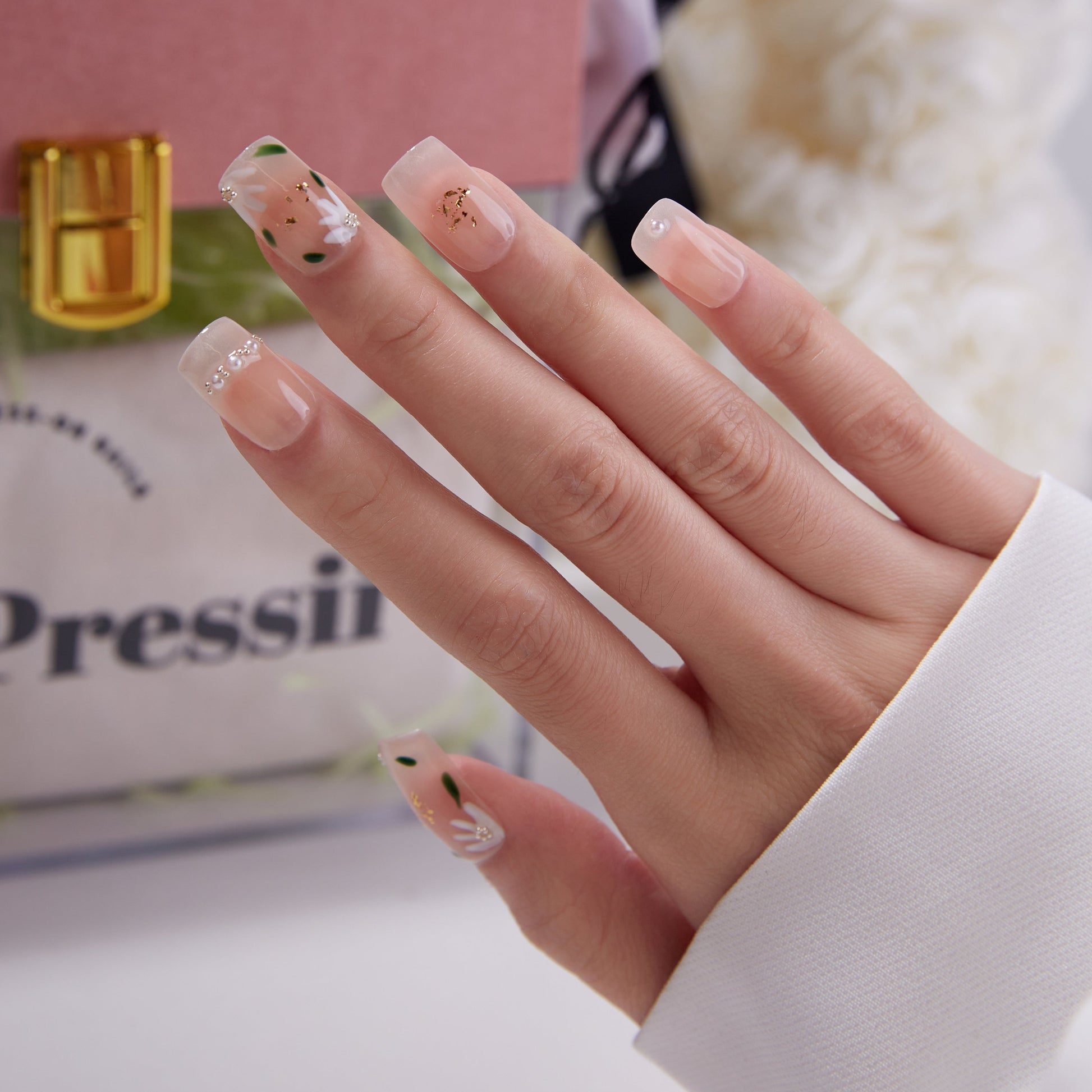 Nude Floral Press On Nails